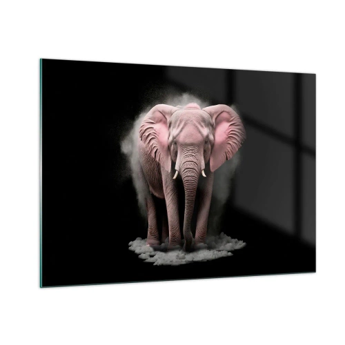Quadro su vetro - Un elefante rosa su sfondo nero circondato da una nuvola di polvere. - 100x70cm - Non pensare all'elefante rosa! - Decorazione murale moderna per soggiorno e camera da letto ARTTOR