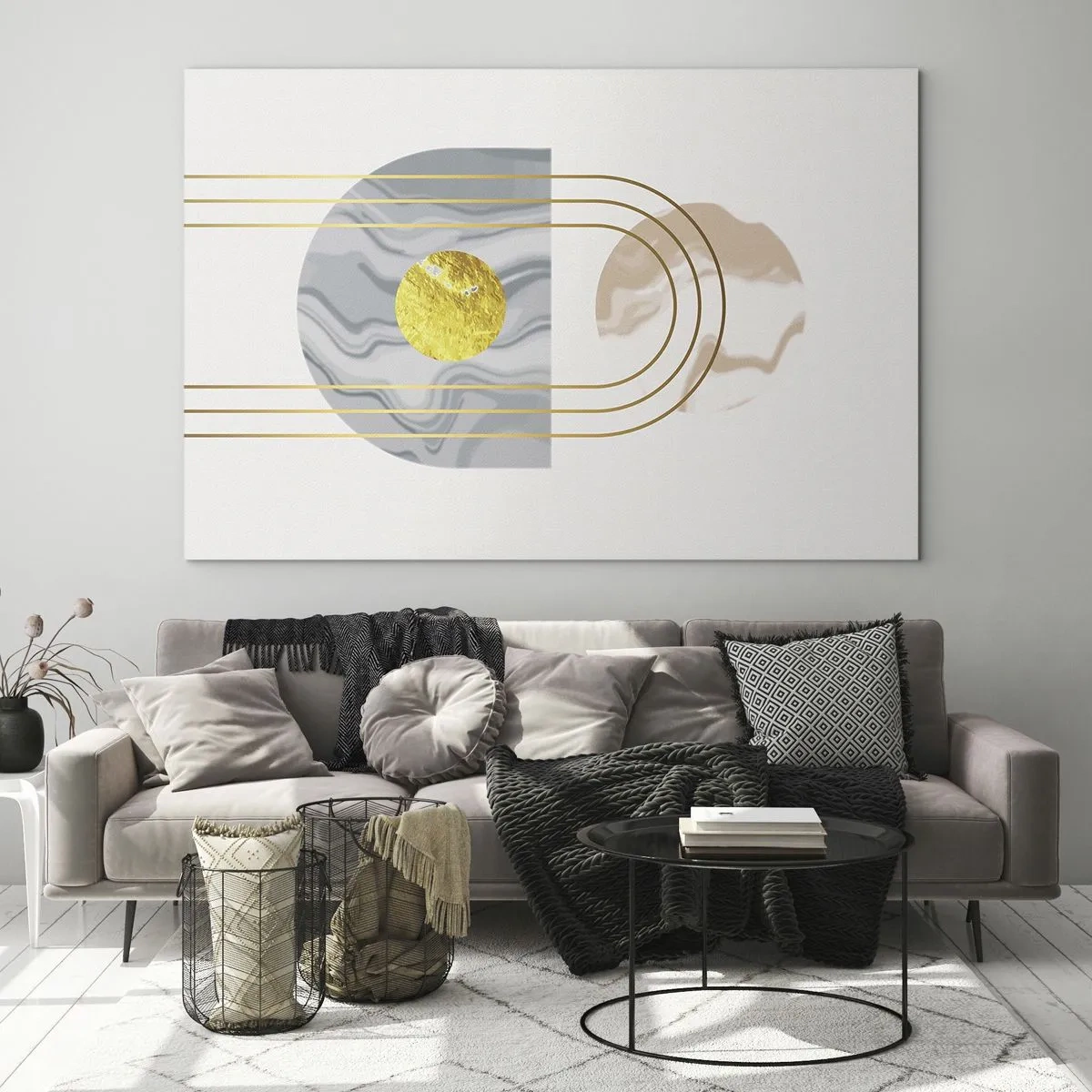 Quadro su vetro - Dipinto astratto in oro e grigio - 100x70cm - Chiarezza e lucentezza - Decorazione murale moderna per soggiorno e camera da letto ARTTOR