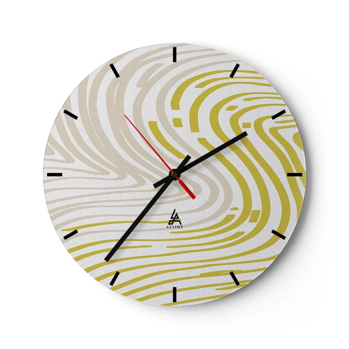Orologio da parete - Orologio in Vetro - Linee astratte nei toni del beige e del giallo creano un motivo a spirale. - 30x30cm - Composizione con lieve deflessione - Decorazione murale moderna per soggiorno, cucina e camera da letto ARTTOR