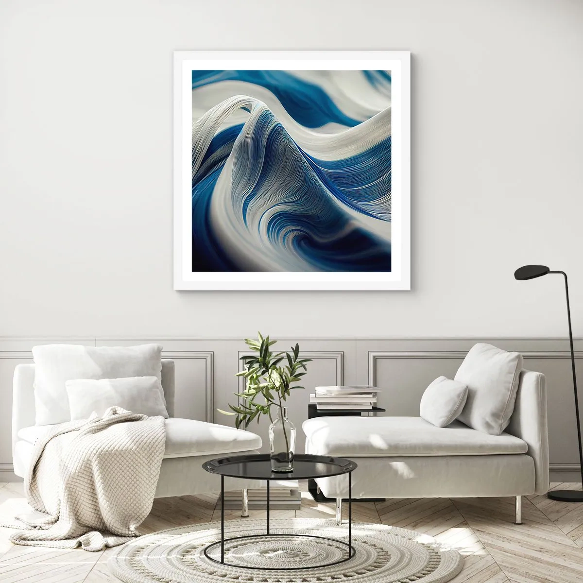Poster in cornice bianca - Fluidità di blu e di bianco - 60x60 cm