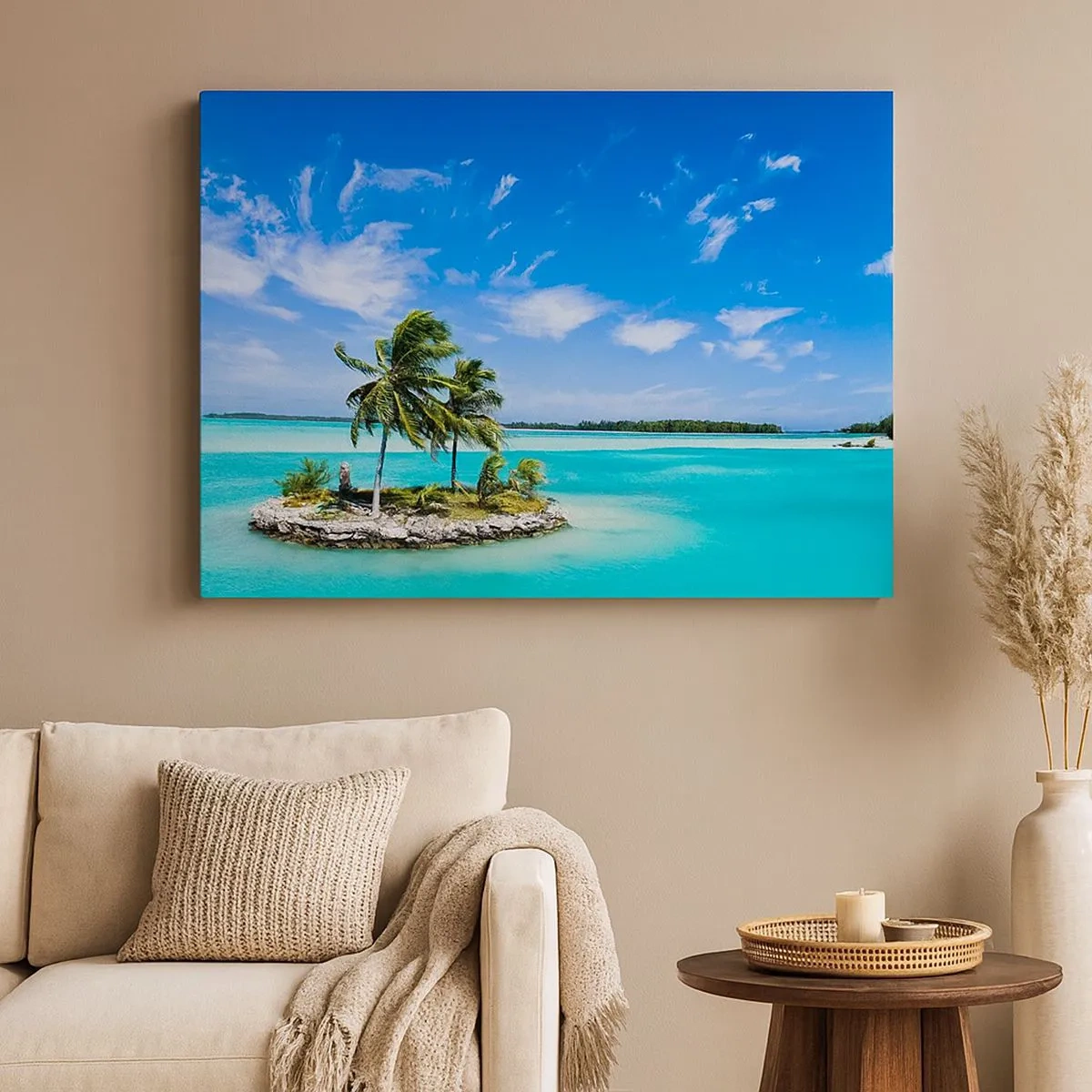 Quadro su tela - Stampe su Tela - Un'isola esotica con palme su acque turchesi - 70x50cm - Paradiso in terra - Decorazione murale moderna per soggiorno e camera da letto ARTTOR