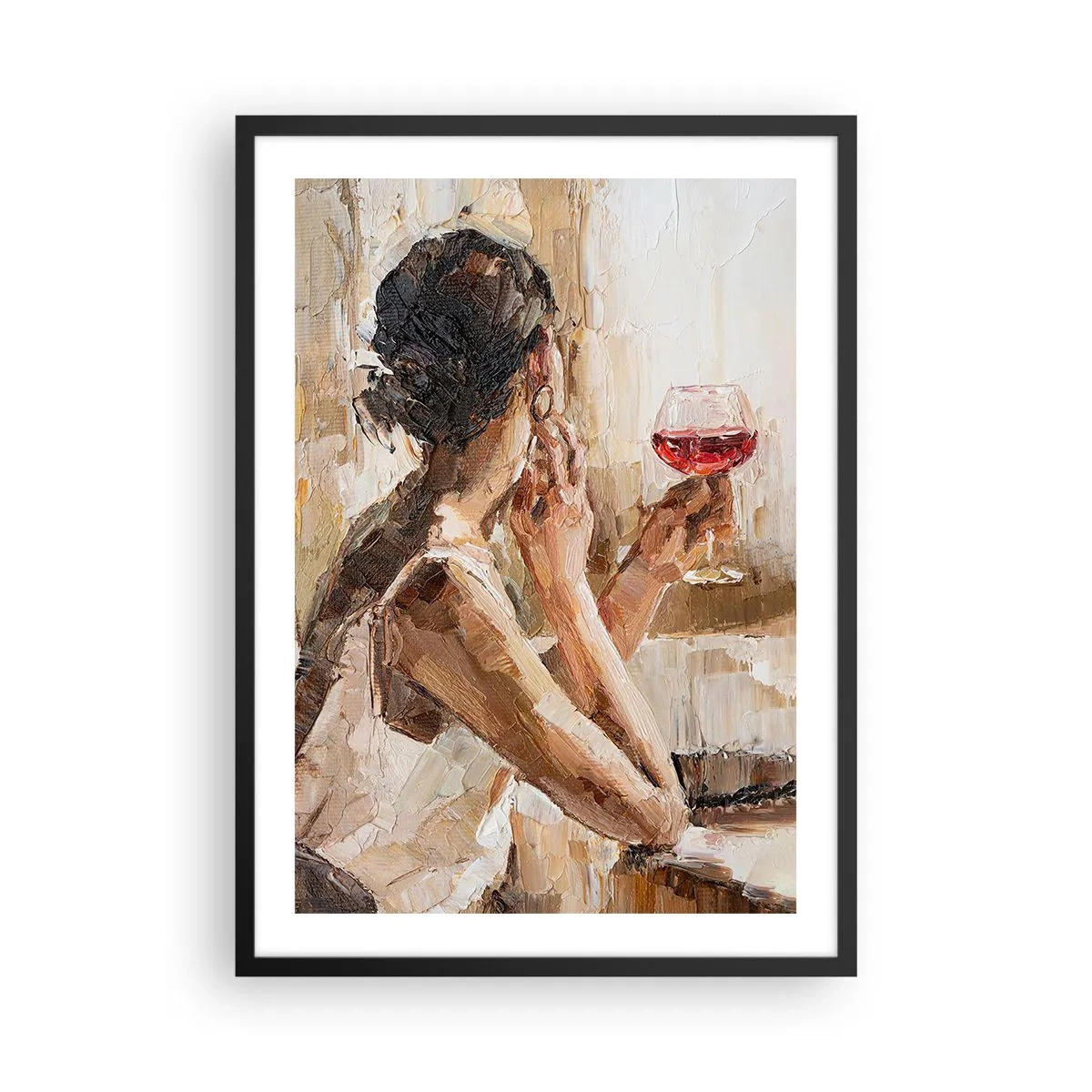 Poster in cornice nera - Una donna che tiene in mano un bicchiere di vino, con aria pensierosa - 50x70cm - Il sapore di un buon momento - Decorazione murale moderna per soggiorno e camera da letto ARTTOR