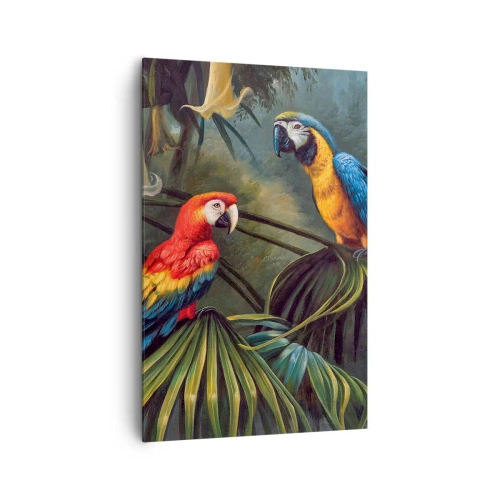 Quadro su tela - Stampe su Tela - Pappagalli in una foresta tropicale con fiori esotici sullo sfondo - 80x120cm - Romanticità ai tropici - Decorazione murale moderna per soggiorno e camera da letto ARTTOR