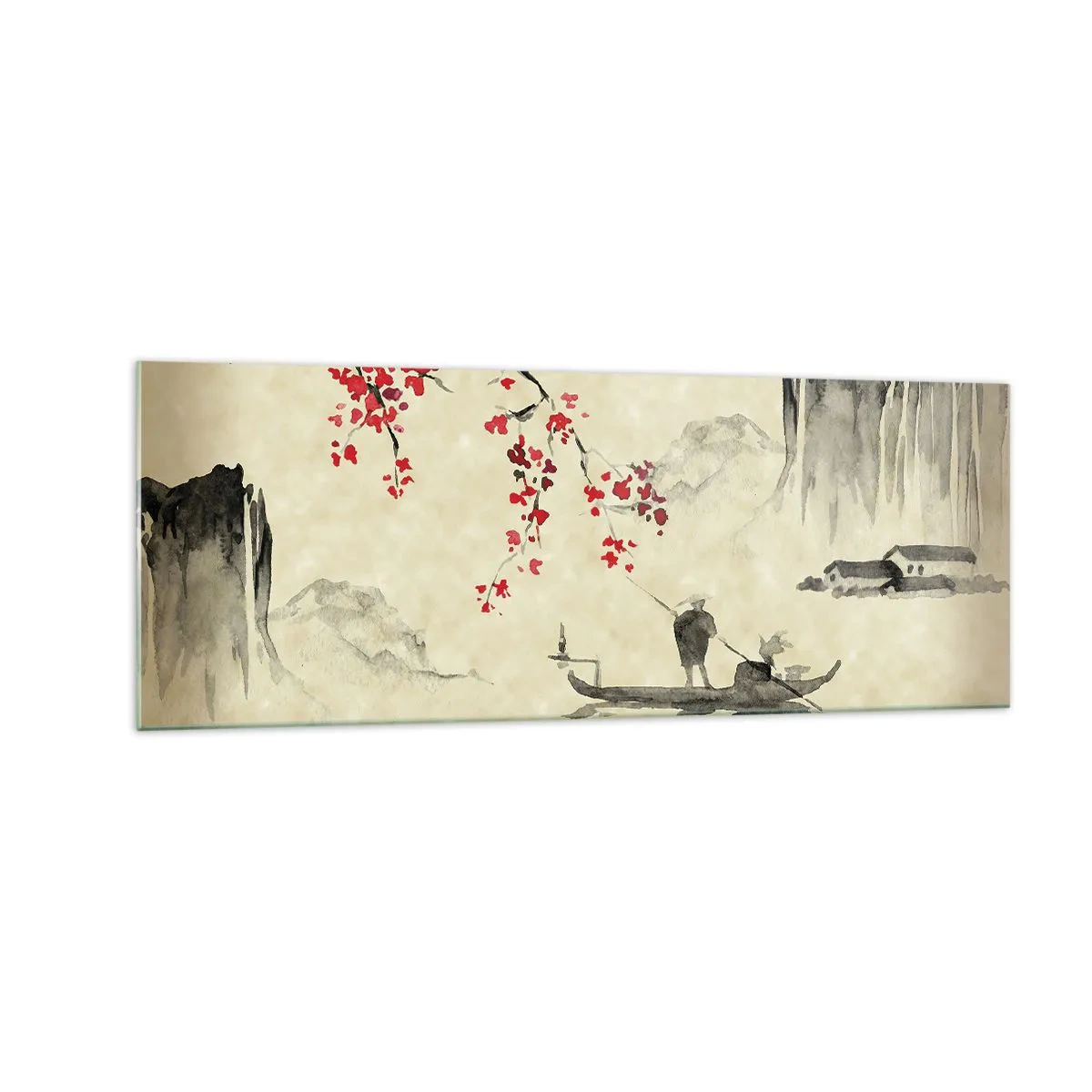 Quadro su vetro - Illustrazione orientale con una barca e un ramo fiorito - 140x50cm - Nel paese dei ciliegi in fiore - Decorazione murale moderna per soggiorno e camera da letto ARTTOR