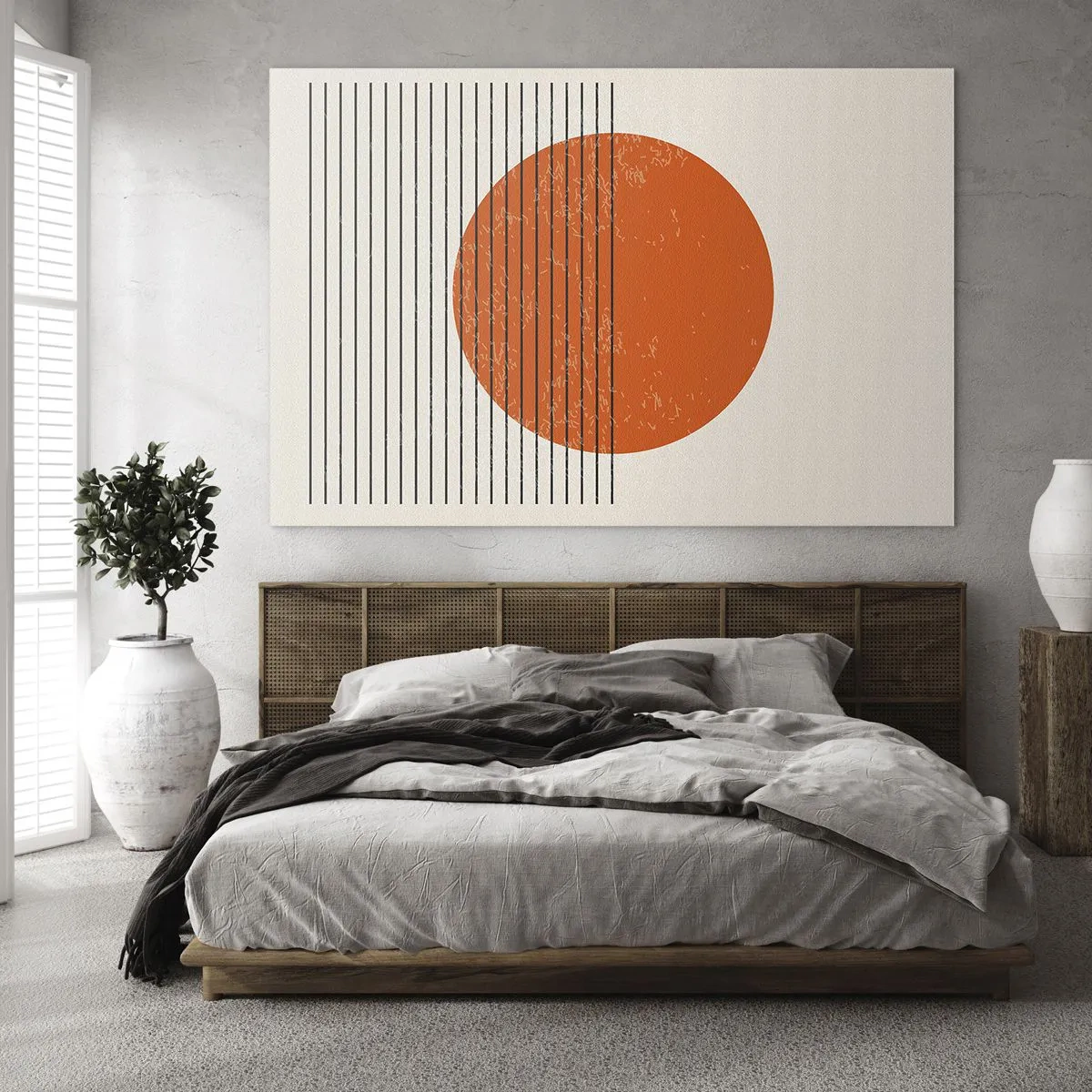 Quadro su vetro - Composizione geometrica con cerchio arancione e linee - 70x50cm - Sempre il sole - Decorazione murale moderna per soggiorno e camera da letto ARTTOR