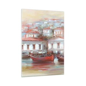 Quadro su vetro - Una pittoresca cittadina con barche nel porto al tramonto - 50x70cm - Cittadina felice - Decorazione murale moderna per soggiorno e camera da letto ARTTOR