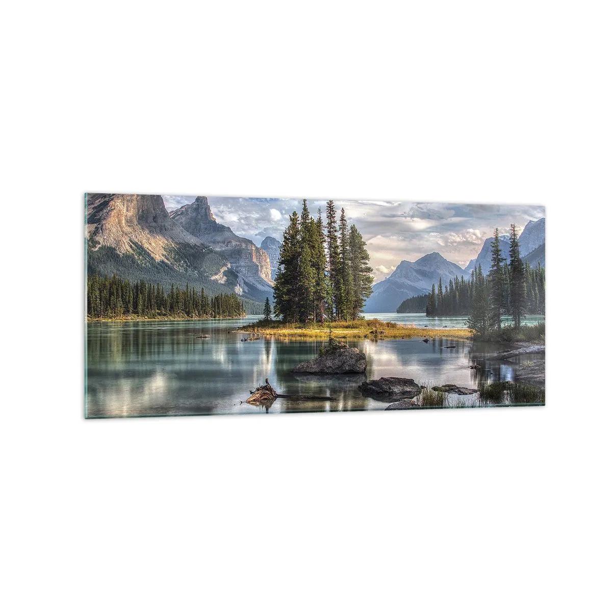 Quadro su vetro - Un paesaggio montano con un'isola circondata da un lago calmo - 120x50cm - Sulle acque grandi e limpide... - Decorazione murale moderna per soggiorno e camera da letto ARTTOR