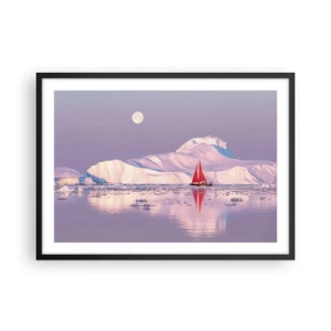 Poster in cornice nera - Una vela rossa sullo sfondo di montagne ghiacciate e una luna piena. - 70x50cm - Calore della vela, gelo del ghiaccio - Decorazione murale moderna per soggiorno e camera da letto ARTTOR