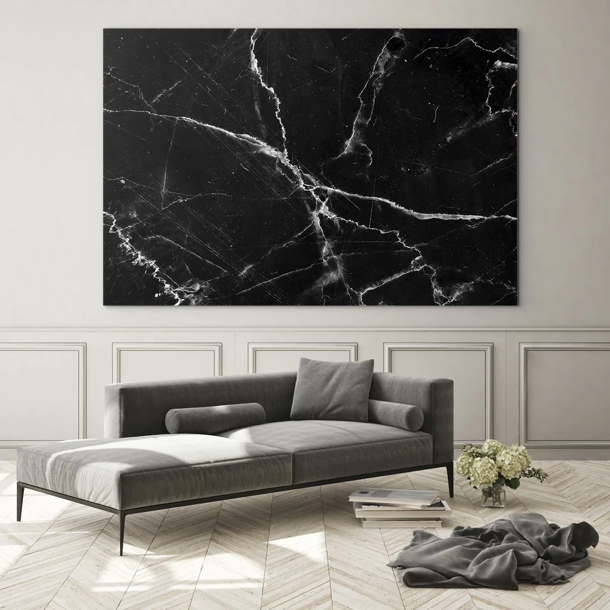 Quadro su vetro - Superficie in marmo nero con venature chiare - 100x70cm - La vita segreta delle pietre - Decorazione murale moderna per soggiorno e camera da letto ARTTOR