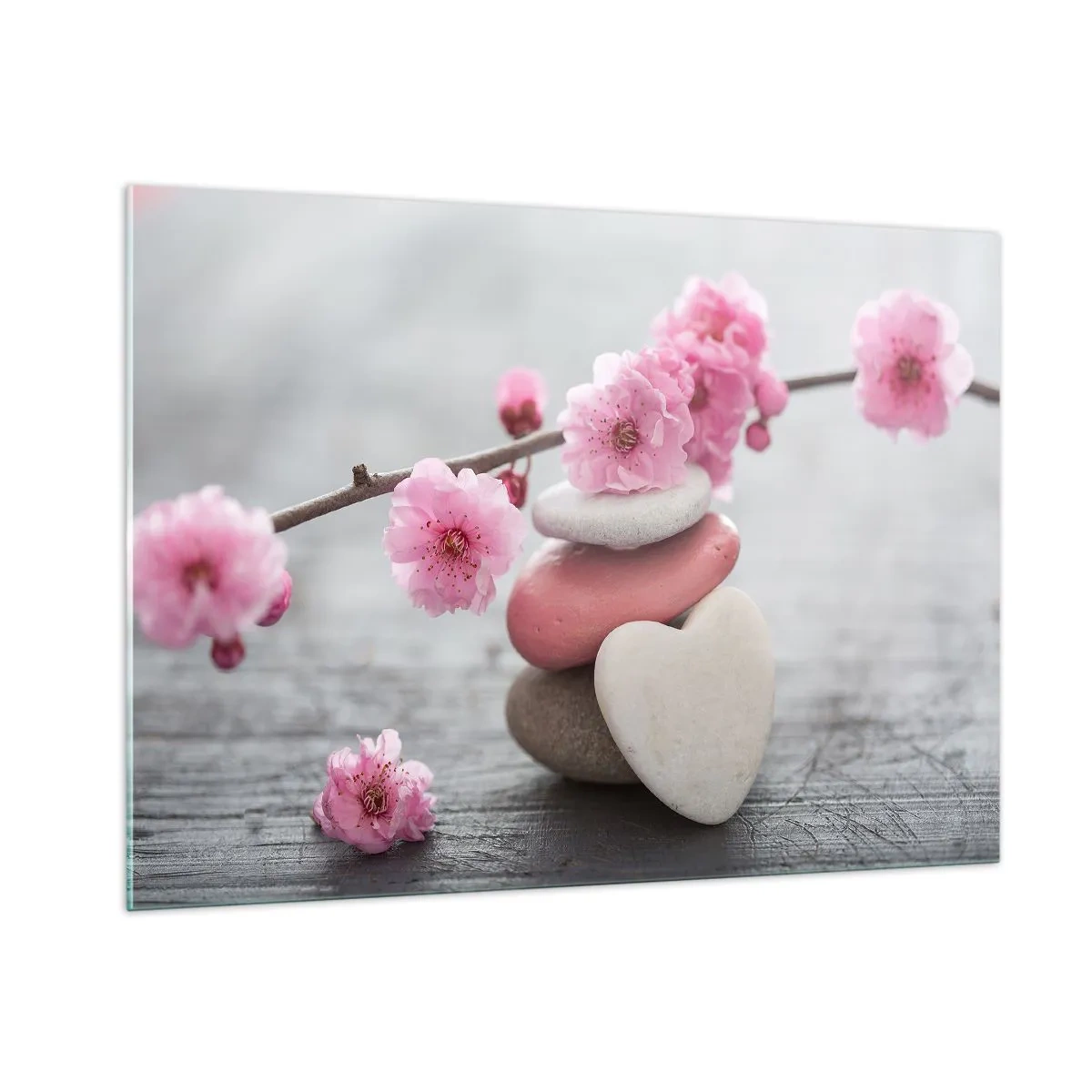 Quadro su vetro - Fiori di ciliegio rosa e pietre a forma di cuore - 100x70cm - Serenità con fiori di ciliegio - Decorazione murale moderna per soggiorno e camera da letto ARTTOR