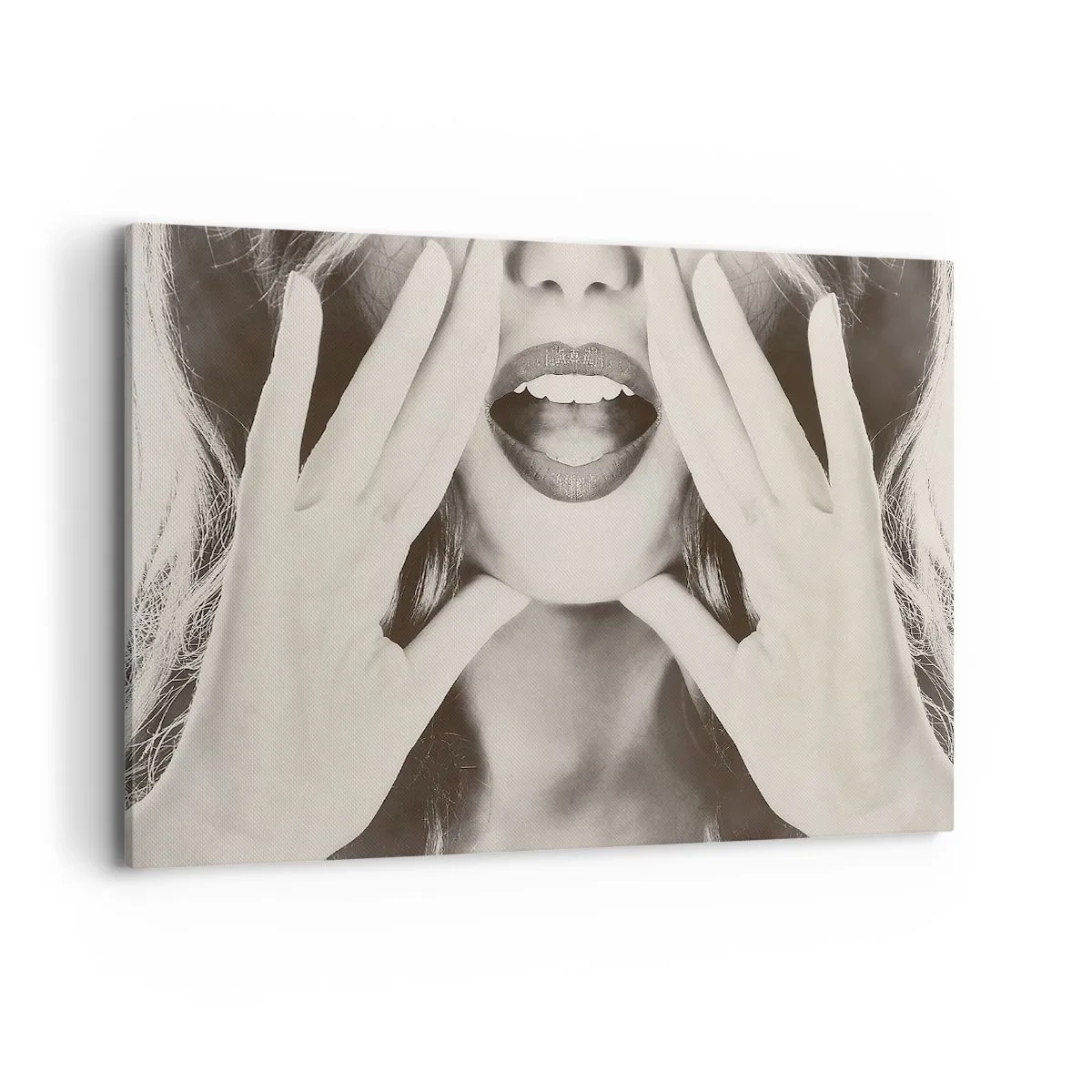 Quadro su tela - Stampe su Tela - Ritratto in bianco e nero di una donna con labbra e mani espressive - 120x80cm - Arrivo! - Decorazione murale moderna per soggiorno e camera da letto ARTTOR