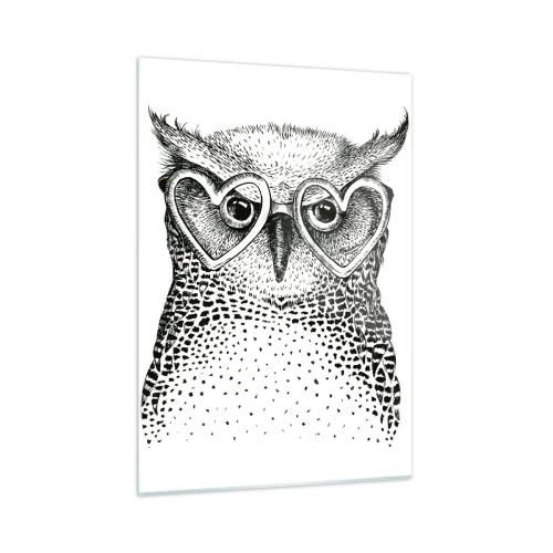 Quadro su vetro - Illustrazione di un gufo che indossa occhiali a forma di cuore - 50x70cm - Saggiamente e con amore - Decorazione murale moderna per soggiorno e camera da letto ARTTOR