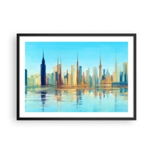 Poster in cornice nera - Un panorama della città dai colori caldi con riflessi nell'acqua - 70x50cm - Metropoli assolata - Decorazione murale moderna per soggiorno e camera da letto ARTTOR