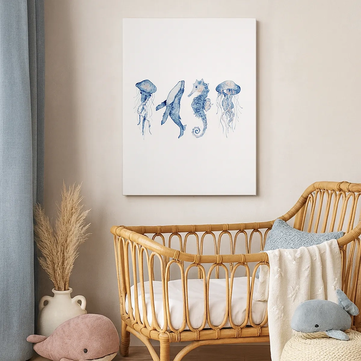 Quadro su tela - Stampe su Tela - Medusa, balena e cavalluccio marino in stile acquerello - 50x70cm - Meraviglie del mare - Decorazione murale moderna per soggiorno e camera da letto ARTTOR