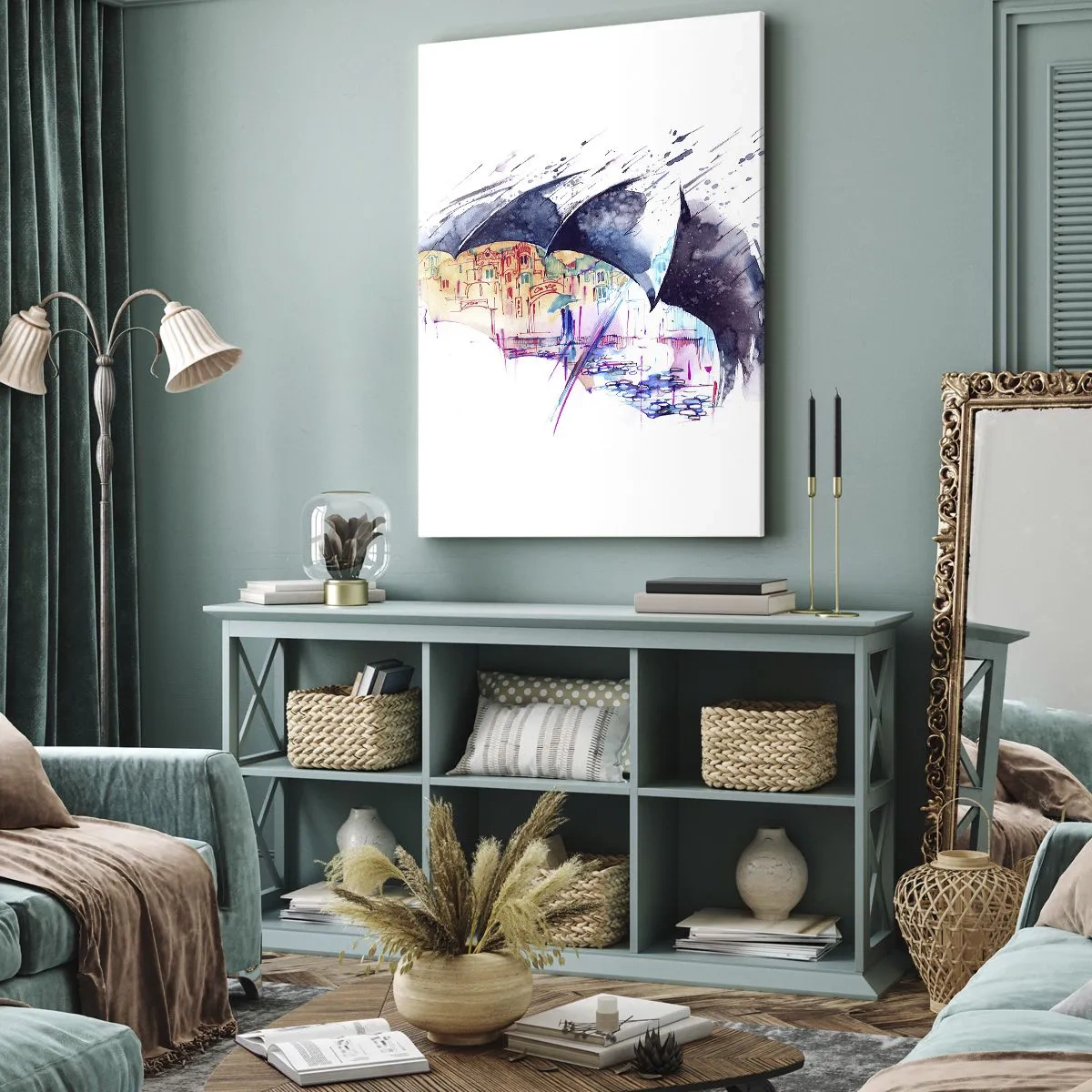 Quadro su tela - Stampe su Tela - Una città colorata nascosta sotto ombrelli astratti - 50x70cm - Passeggiata sotto la pioggia - Decorazione murale moderna per soggiorno e camera da letto ARTTOR