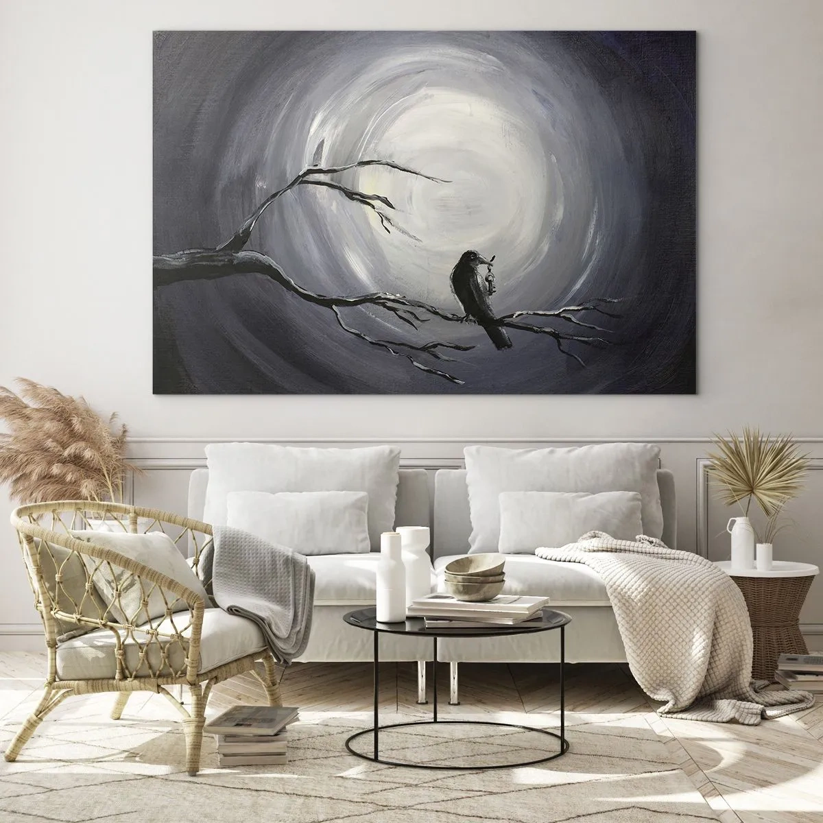 Quadro su vetro - Un corvo seduto su un ramo sullo sfondo della luna piena - 120x80cm - Chiave di una notte misteriosa - Decorazione murale moderna per soggiorno e camera da letto ARTTOR
