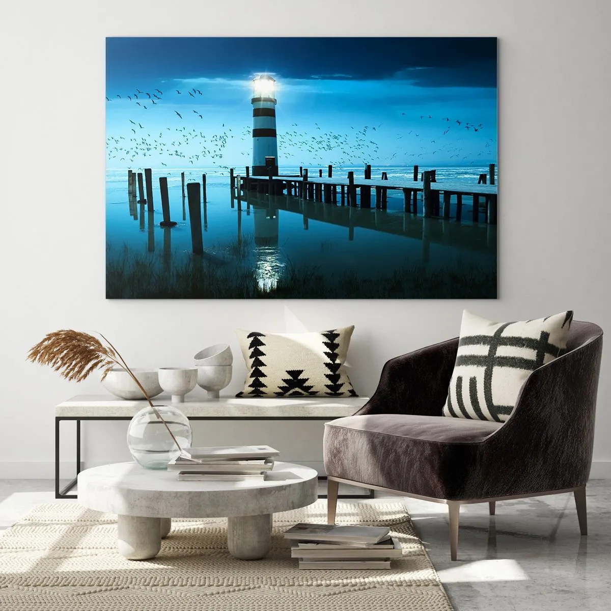 Quadro su vetro - Un faro circondato da acque calme e uccelli - 100x70cm - E passa la paura del buio - Decorazione murale moderna per soggiorno e camera da letto ARTTOR