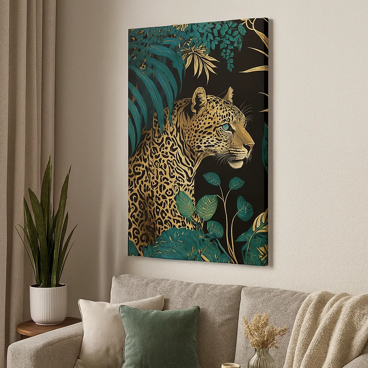 Quadro su tela - Stampe su Tela - Leopardo tra foglie tropicali su sfondo nero - 50x70cm - Il signore della giungla - Decorazione murale moderna per soggiorno e camera da letto ARTTOR