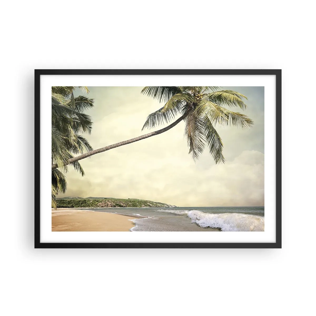 Poster in cornice nera - Una spiaggia con palme sullo sfondo di un mare calmo - 70x50cm - Sogno tropicale - Decorazione murale moderna per soggiorno e camera da letto ARTTOR