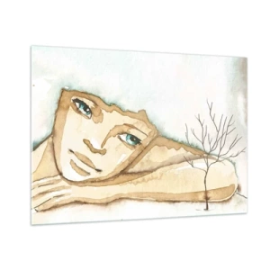 Quadro su vetro - Una sottile figura di donna con un albero su uno sfondo di colori ad acquerello - 100x70cm - L'albero della poesia cresce nel silenzio - Decorazione murale moderna per soggiorno e camera da letto ARTTOR