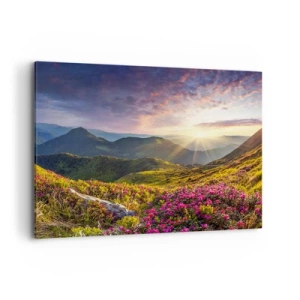 Quadro su tela - Stampe su Tela - Paesaggio montano con rododendri in fiore - 100x70cm - La freschezza di un mattino sui monti - Decorazione murale moderna per soggiorno e camera da letto ARTTOR