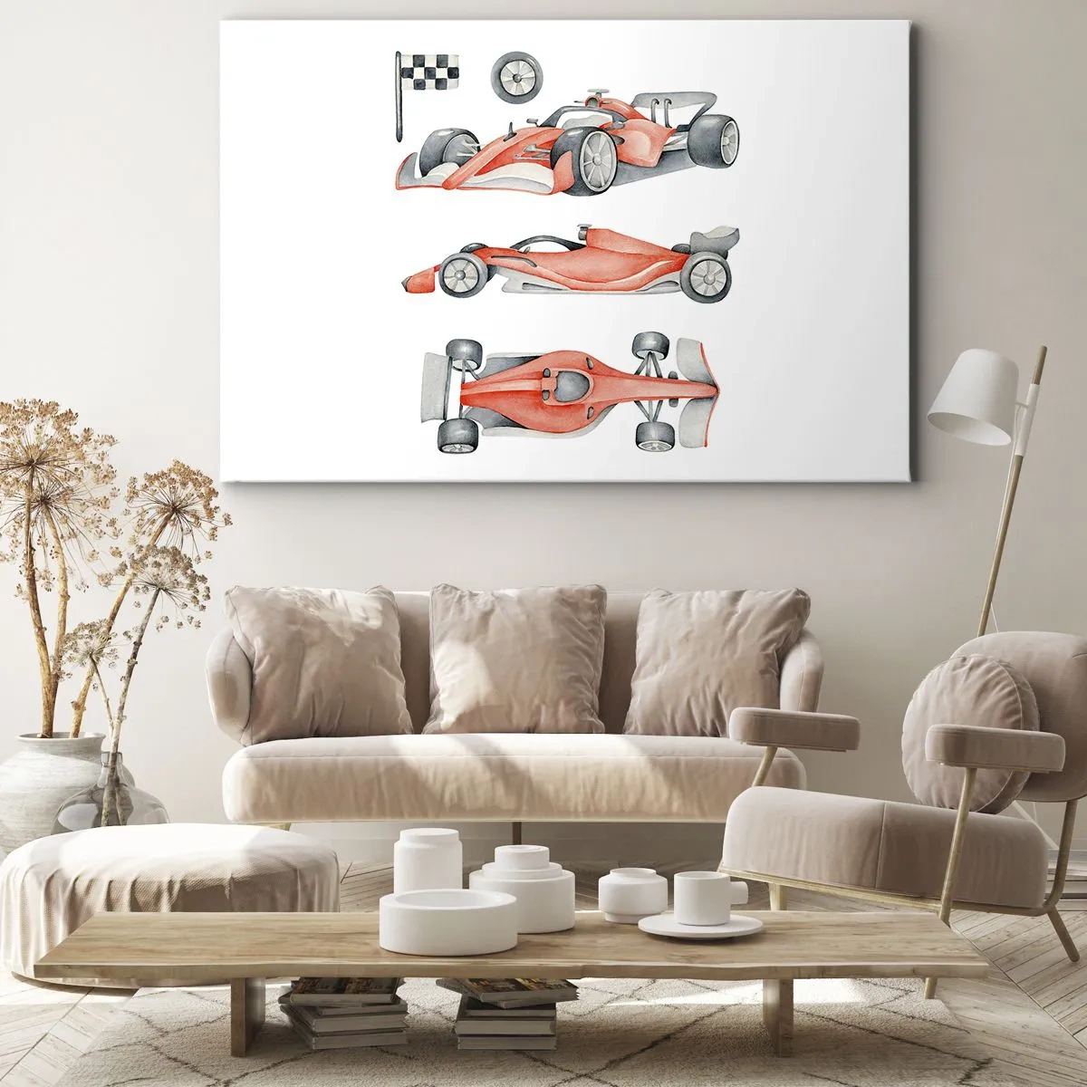 Quadro su tela - Stampe su Tela - Un'auto da corsa rossa con una bandiera a scacchi - 100x70cm - Inseguendo i sogni - Decorazione murale moderna per soggiorno e camera da letto ARTTOR