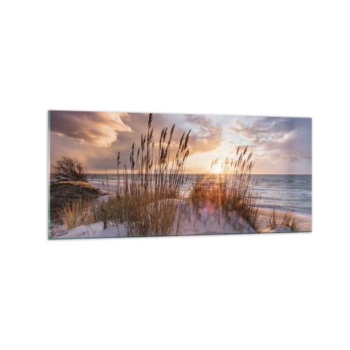 Quadro su vetro - Dune con erba sullo sfondo del sole al tramonto - 120x50cm - L'addio al sole e al vento - Decorazione murale moderna per soggiorno e camera da letto ARTTOR
