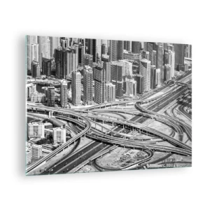 Quadro su vetro - Panorama in bianco e nero della città con uno svincolo autostradale - 70x50cm - Dubai - città impossibile - Decorazione murale moderna per soggiorno e camera da letto ARTTOR