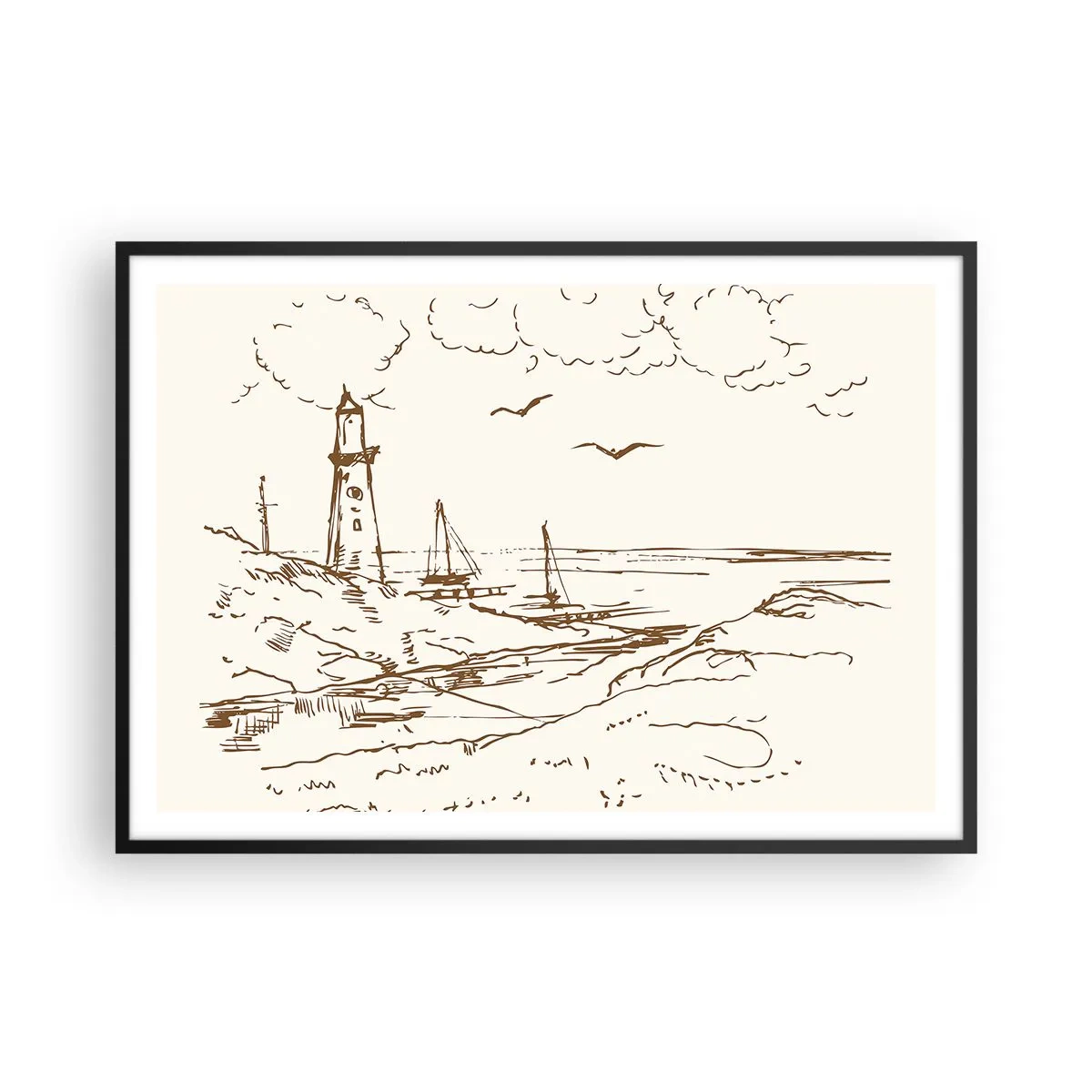 Poster in cornice nera - Schizzo di un faro che domina il mare - 100x70cm - Schizzo dei ricordi d'estate - Decorazione murale moderna per soggiorno e camera da letto ARTTOR