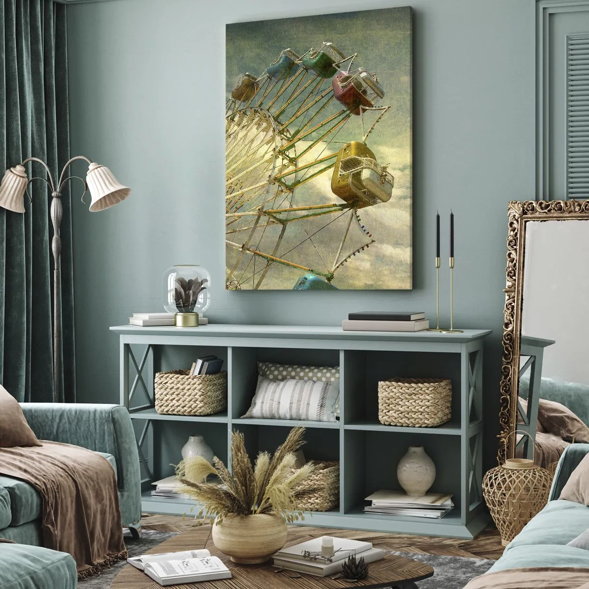 Quadro su tela - Stampe su Tela - Foto retrò di una ruota panoramica con palme contro il cielo - 80x120cm - Il divertimento comincia... - Decorazione murale moderna per soggiorno e camera da letto ARTTOR