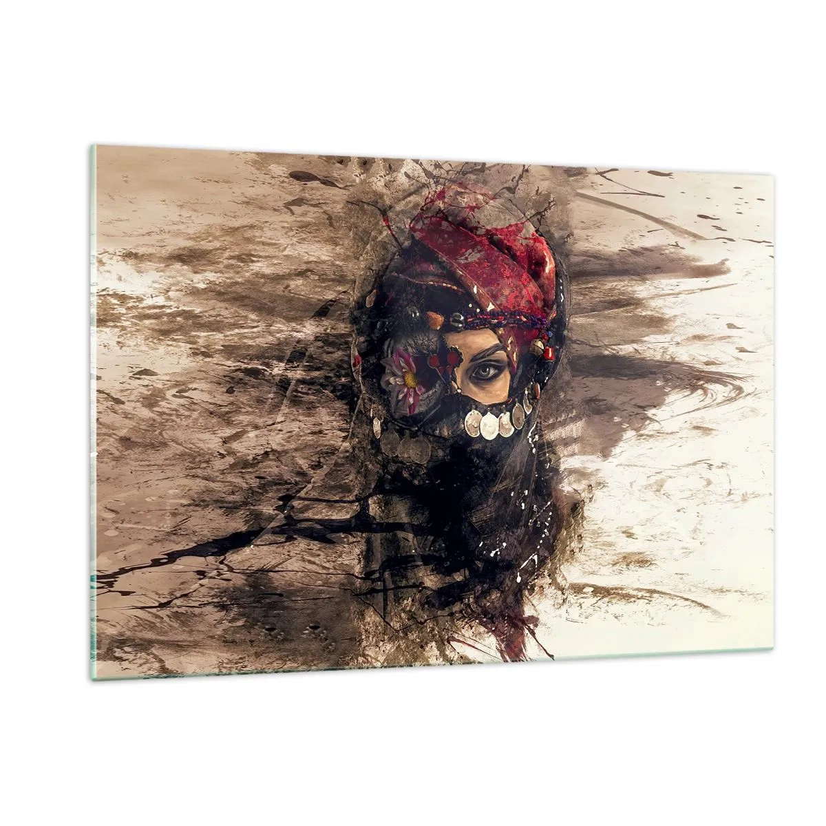 Quadro su vetro - Ritratto di una donna misteriosa con un turbante rosso - 120x80cm - Quantomeno inquietante - Decorazione murale moderna per soggiorno e camera da letto ARTTOR