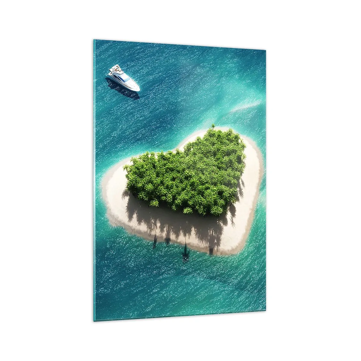 Quadro su vetro - Un'isola romantica a forma di cuore in un mare turchese - 70x100cm - Amo l'estate - Decorazione murale moderna per soggiorno e camera da letto ARTTOR