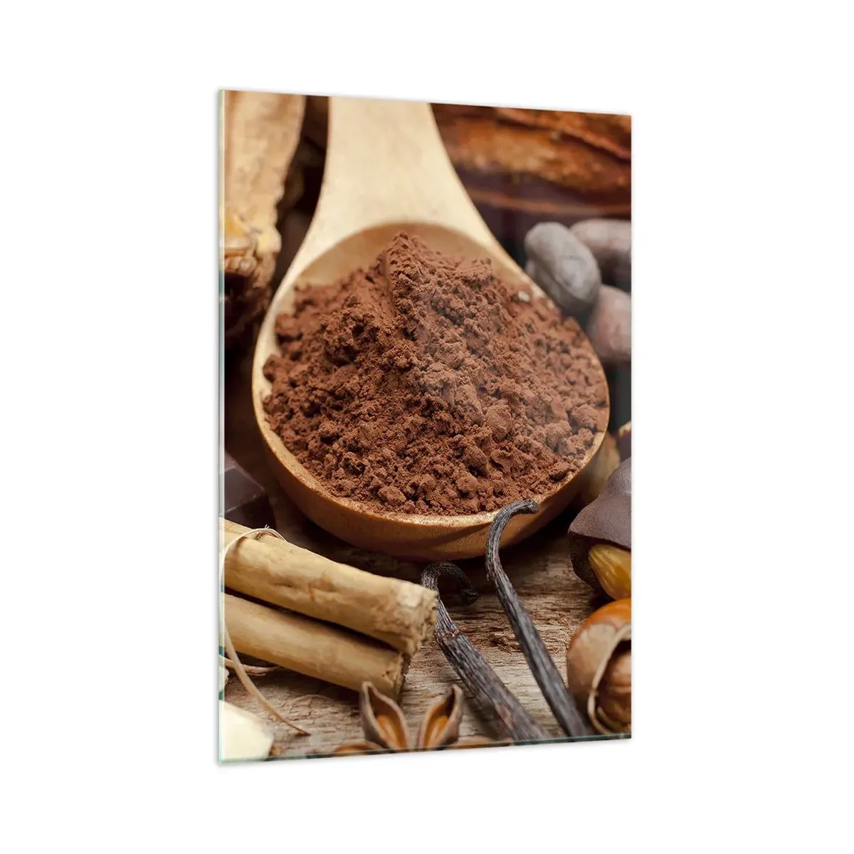 Quadro su vetro - Un cucchiaio di cacao e ingredienti al cioccolato in una disposizione rustica - 80x120cm - Ideale per i momenti di tristezza - Decorazione murale moderna per soggiorno e camera da letto ARTTOR