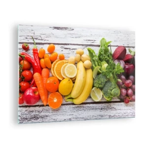 Quadro su vetro - Frutta e verdura colorate disposte su un tavolo di legno - 70x50cm - Non basta? - Decorazione murale moderna per soggiorno e camera da letto ARTTOR