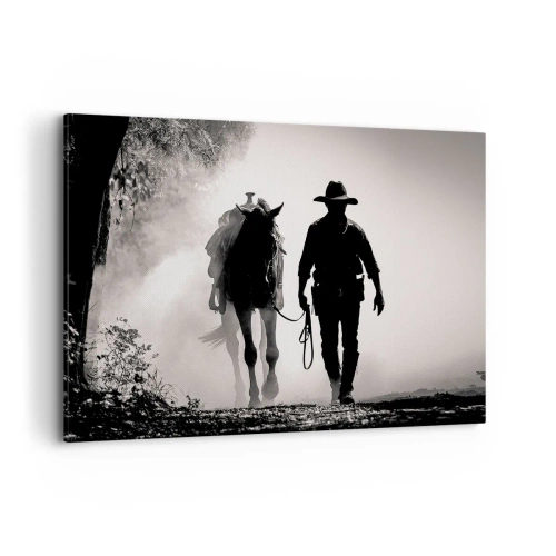 Quadro su tela - Stampe su Tela - Cowboy con cavallo nella nebbia mattutina - 100x70cm - Mattino texano - Decorazione murale moderna per soggiorno e camera da letto ARTTOR