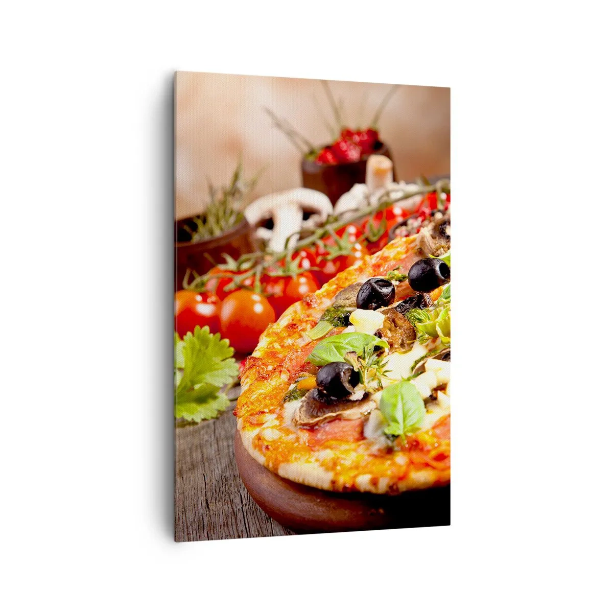 Quadro su tela - Stampe su Tela - Pizza con olive, basilico e ingredienti freschi su fondo in legno - 80x120cm - Con ingredienti tellurici - Decorazione murale moderna per soggiorno e camera da letto ARTTOR