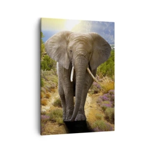 Quadro su tela - Stampe su Tela - Un elefante africano sullo sfondo di una savana e di un paesaggio montuoso - 50x70cm - Così era il paradiso - Decorazione murale moderna per soggiorno e camera da letto ARTTOR