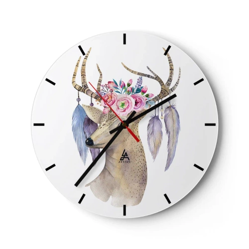 Orologio da parete - Orologio in Vetro - Disegno artistico di un cervo con fiori sulle corna e sulle piume - 30x30cm - Guida delle anime: delicato e innocente - Decorazione murale moderna per soggiorno, cucina e camera da letto ARTTOR