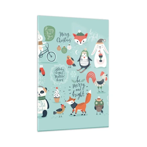 Quadro su vetro - Illustrazione natalizia di animali in un'atmosfera invernale - 80x120cm - Che sia sempre festa! - Decorazione murale moderna per soggiorno e camera da letto ARTTOR