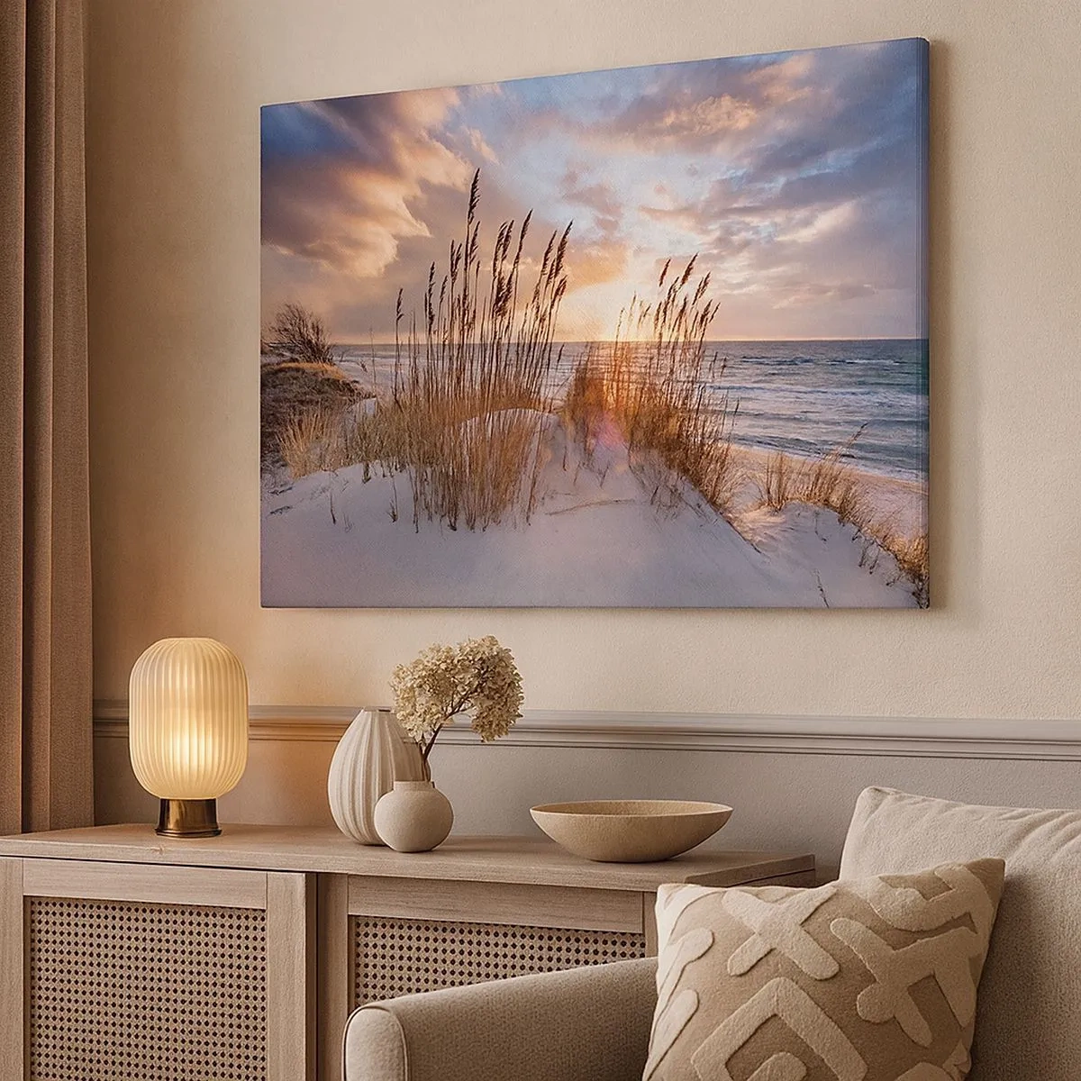 Quadro su tela - Stampe su Tela - Dune con erba sullo sfondo del sole al tramonto - 70x50cm - L'addio al sole e al vento - Decorazione murale moderna per soggiorno e camera da letto ARTTOR