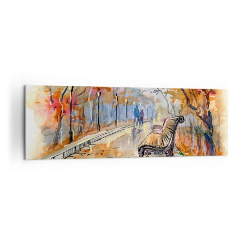 Quadro su tela - Stampe su Tela - Un parco autunnale con una panchina in acquerello - 160x50cm - Passeggiando insieme l'autunno - Decorazione murale moderna per soggiorno e camera da letto ARTTOR