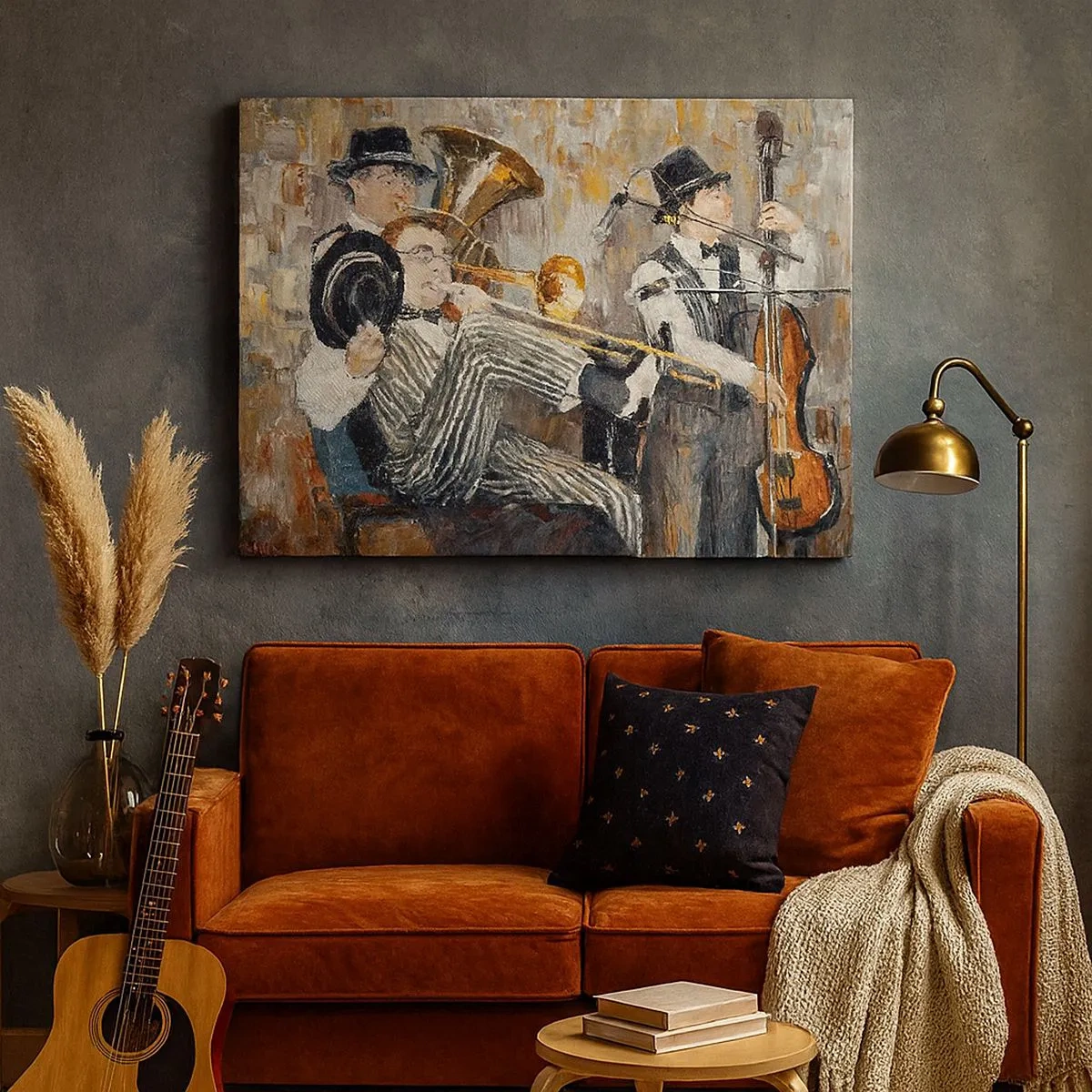 Quadro su tela - Stampe su Tela - Musicisti jazz in stile pittorico durante un concerto - 70x50cm - Tutto il jazz - Decorazione murale moderna per soggiorno e camera da letto ARTTOR