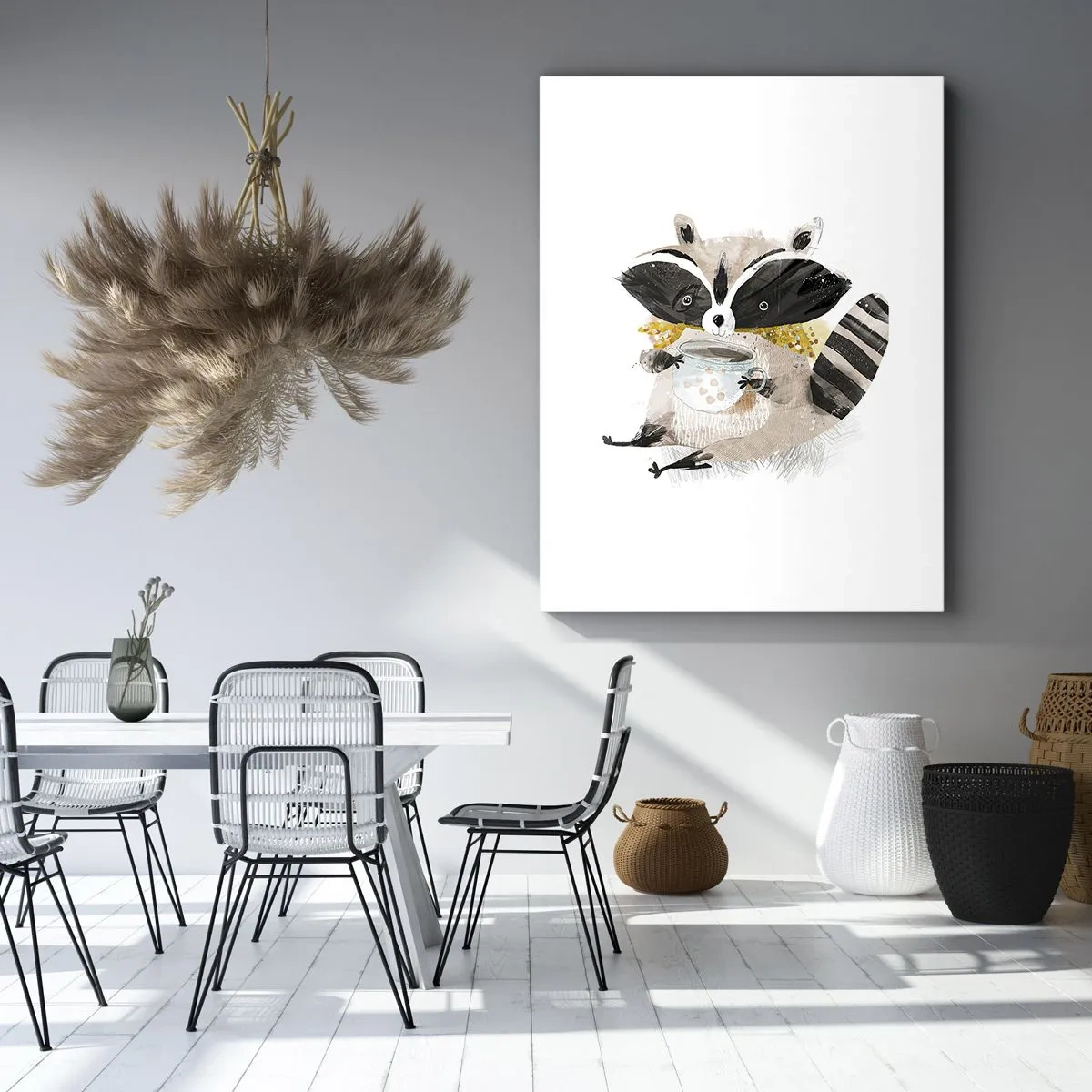 Quadro su tela - Stampe su Tela - Adorabile procione che tiene in mano una tazza color pastello - 50x70cm - Il mio amico procione - Decorazione murale moderna per soggiorno e camera da letto ARTTOR