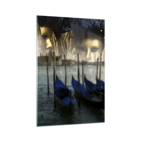 Quadro su vetro - Maschere di carnevale veneziane e gondole sullo sfondo della città e dell'acqua - 70x100cm - È ora di iniziare il carnevale - Decorazione murale moderna per soggiorno e camera da letto ARTTOR