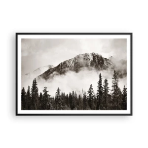 Poster in cornice nera - Una pittoresca cima di montagna circondata dalla nebbia e da una foresta color seppia - 100x70cm - Il sovrano di granito - Decorazione murale moderna per soggiorno e camera da letto ARTTOR