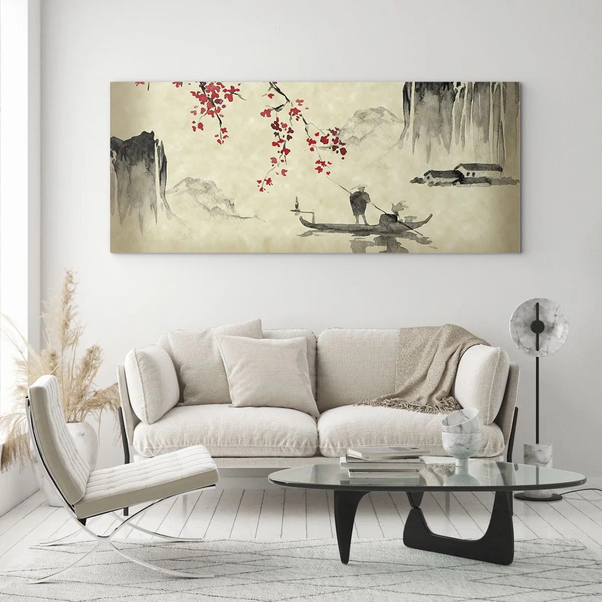 Quadro su vetro - Illustrazione orientale con una barca e un ramo fiorito - 160x50cm - Nel paese dei ciliegi in fiore - Decorazione murale moderna per soggiorno e camera da letto ARTTOR