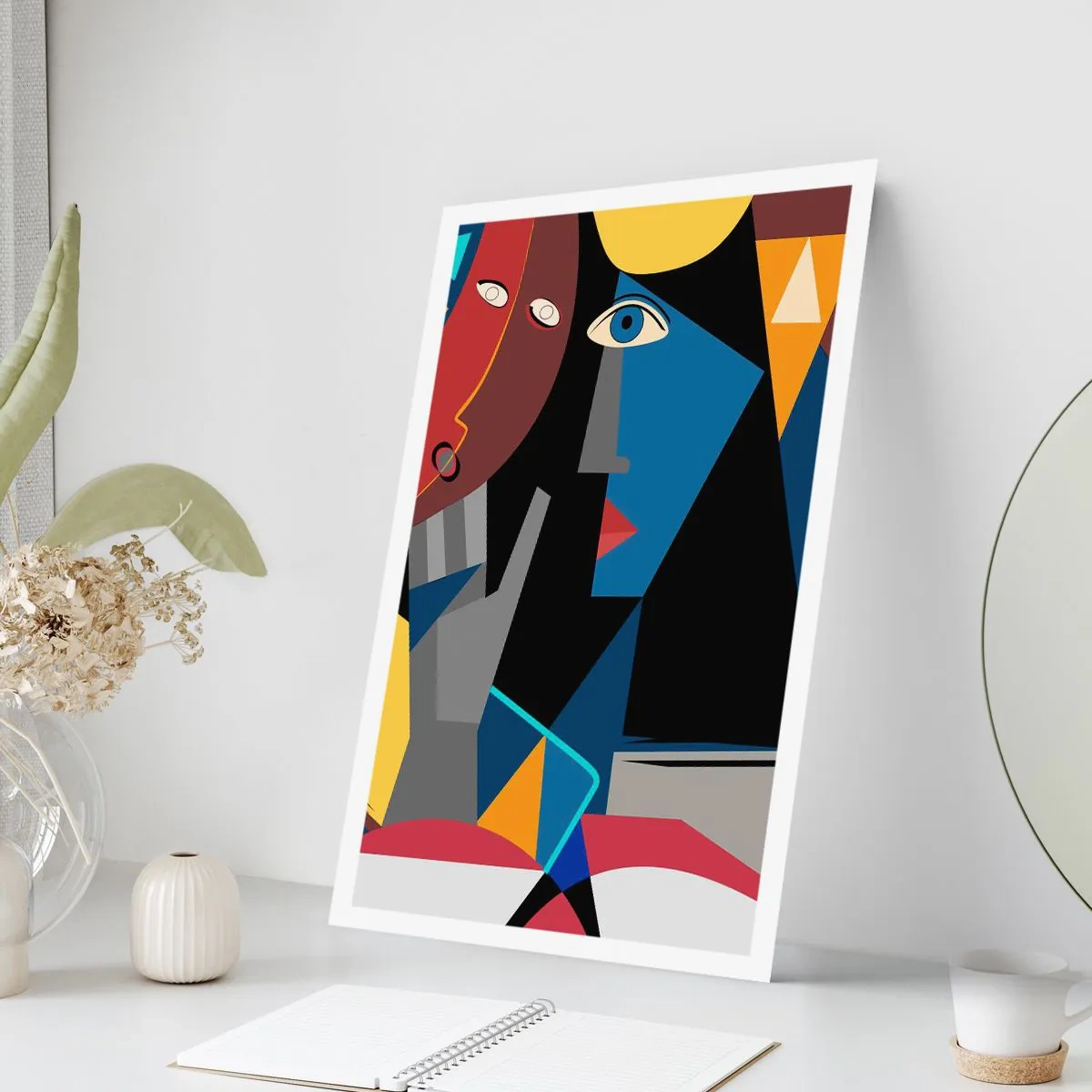 Poster - Astrazione cubista di un volto in colori vivaci - 50x70cm - Dialogo di cubisti - Decorazione murale moderna per soggiorno e camera da letto ARTTOR