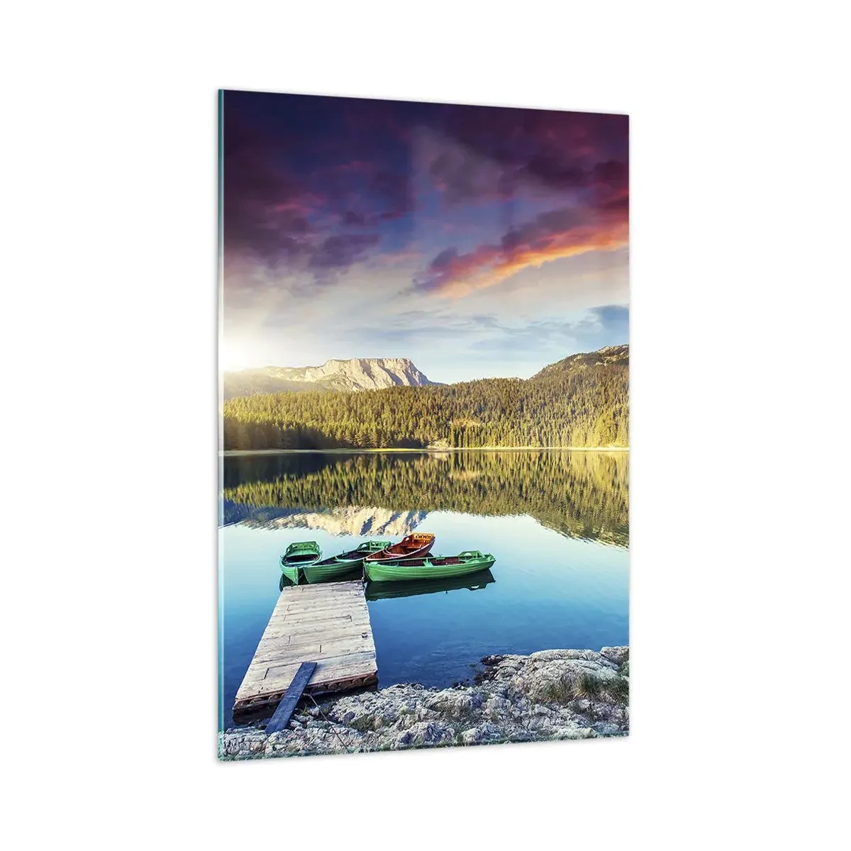 Quadro su vetro - Tramonto sul lago con barche al molo - 80x120cm - Sull'acqua liscia come uno specchio - Decorazione murale moderna per soggiorno e camera da letto ARTTOR