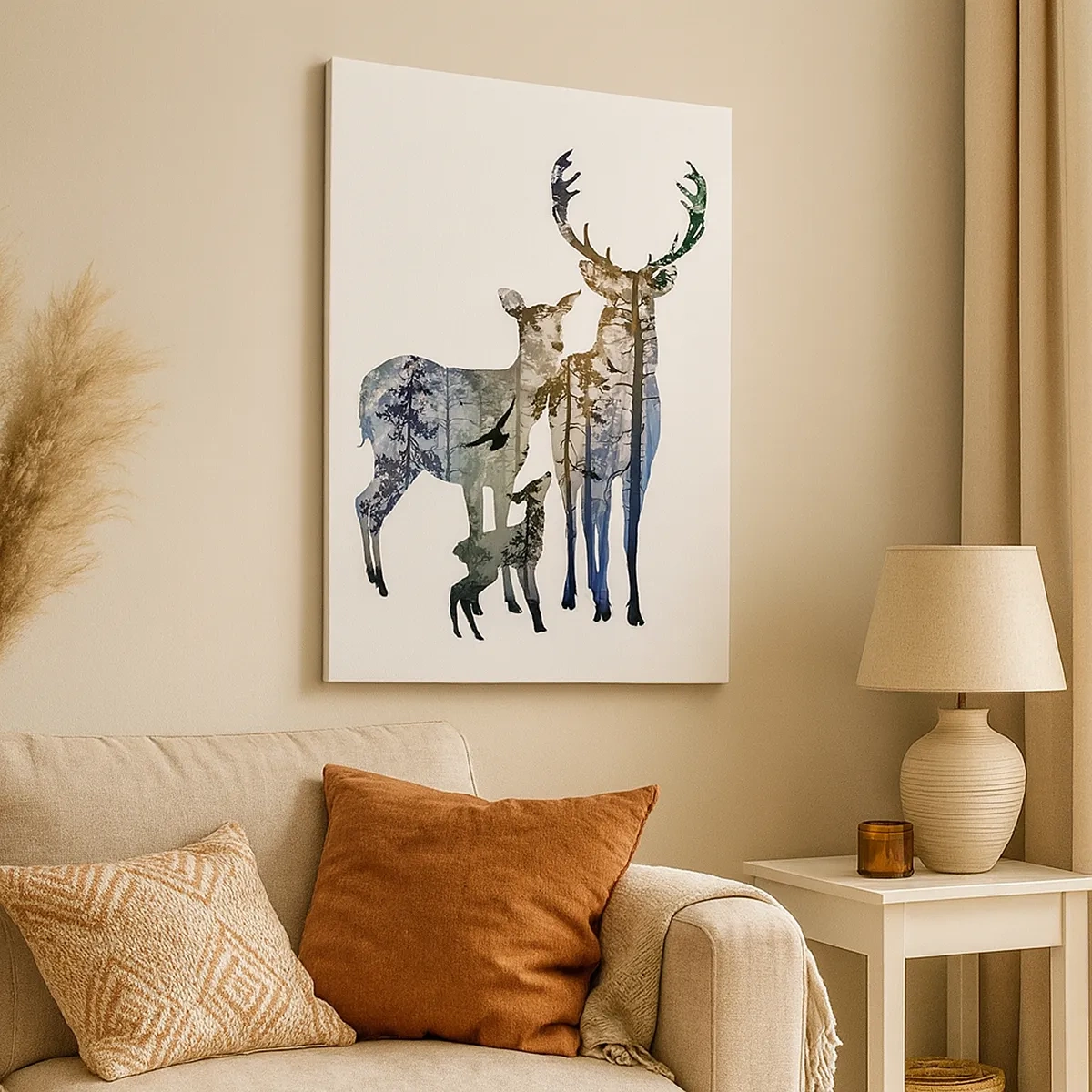 Quadro su tela - Stampe su Tela - Paesaggio forestale nelle sagome dei cervi - 50x70cm - Foto di famiglia - Decorazione murale moderna per soggiorno e camera da letto ARTTOR