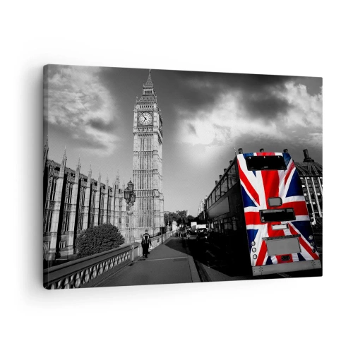 Quadro su tela - Stampe su Tela - Il Big Ben e un autobus con una bandiera britannica su uno sfondo bianco e nero - 70x50cm - Orgogliosa e grande - Decorazione murale moderna per soggiorno e camera da letto ARTTOR